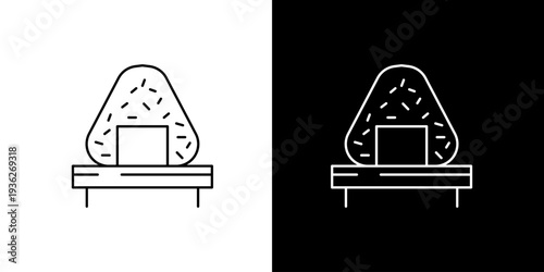 Two Simple Iconographic Representations of Japanese Onigiri Rice Balls on Trays, One Black & White and One White & Black
