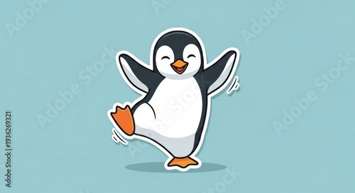 Cartoon Penguin Dancing on Blue Background.