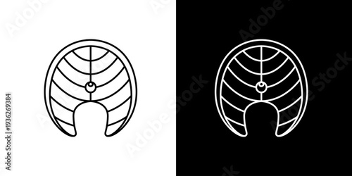 Minimalist vector outline icon of a fresh salmon steak, symbolizing healthy eating, omega-3 rich food, and gourmet seafood cuisine, ideal for menus and packaging