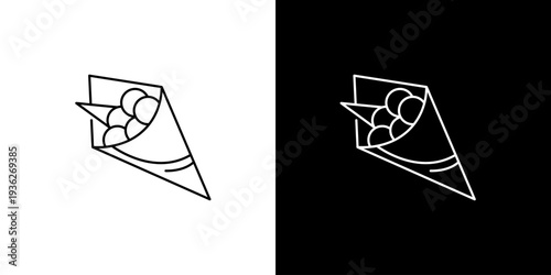 Minimalist line art icon illustration of a delicate bouquet of grapes in a simple cone wrapper, presented on white and black backgrounds