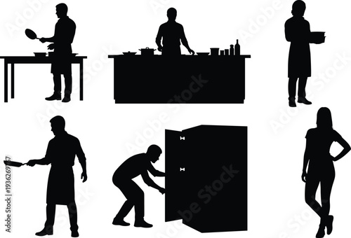 Kitchen activity silhouettes, people cooking and preparing food, vector art design, culinary illustration sequence, home cooking concept, modern lifestyle