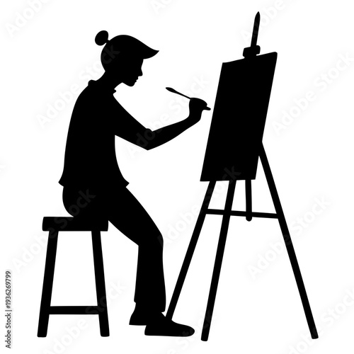 Silhouette of an artist painting on an easel, seated on a stool