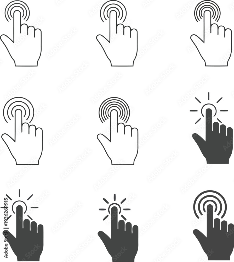 Fototapeta premium Touch screen hand icon set, vector outline and filled click gesture symbols for user interface design