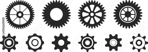 PrintBlack gear and cogwheel silhouette icon set for industrial engineering mechanical machine parts and technical clockwork design elements