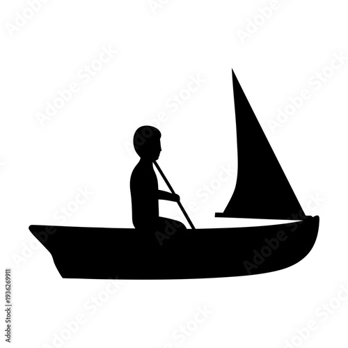 Black silhouette of a person paddling a small sailboat vector art