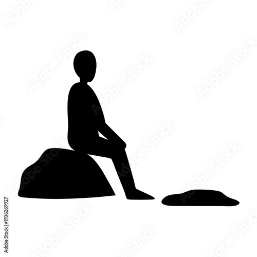 Minimalist vector silhouette of person sitting on rock, white background