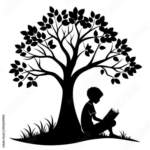 Child reading a book under a tree silhouette, educational vector