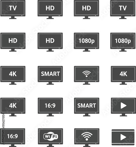 Television Display Icons Set – HD, 4K, Smart TV, 16:9, 1080p, Streaming, WiFi, Vector Symbols