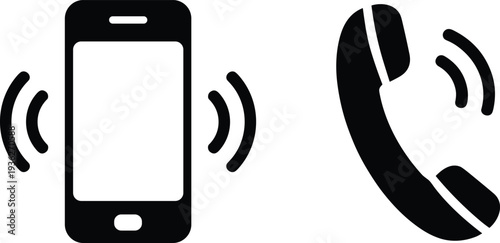 PrintBlack smartphone and telephone handset icons with ringing signal lines for contact support communication and mobile device interface design