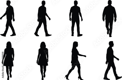   
Walking people silhouettes of male and female figures, human movement, posture, gait analysis, lifestyle vector illustration, community, diversity, design