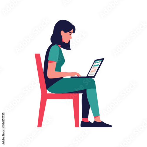 Woman using laptop on red chair.