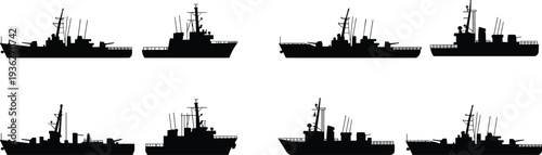 PrintBlack warship and naval vessel silhouette set featuring destroyers battleships and military cruiser ships for marine defense design