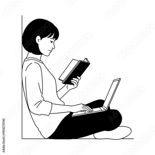 Woman working on laptop with book.
