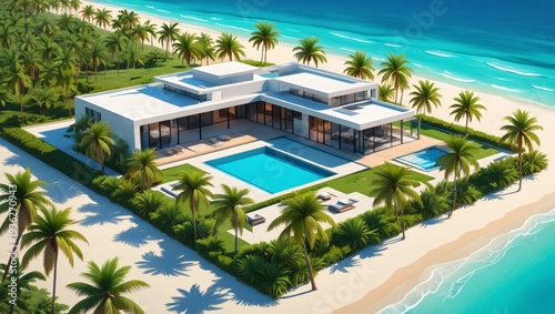Luxurious beachfront villa with infinity pool overlooking turquoise waters and palm trees
