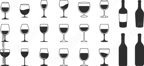 PrintBlack wine glass and bottle icon set featuring various stemware shapes and 