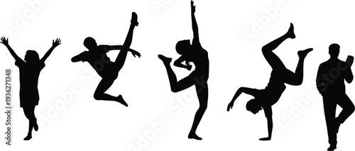PrintCollection of black silhouettes showing people jumping dancing and performing acrobatic movements isolated on a clean white background