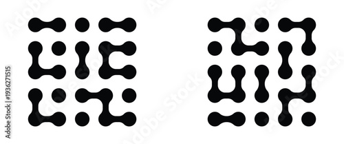 Dots meta ball black pattern. A set and collection of abstract round shapes on a white background. Modern contemporary geometric shapes and elements. Meta ball pattern. Liquid drops or morph shapes. 