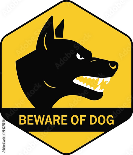 Beware of Dog Warning Sign Vector, Aggressive Guard Dog Silhouette, Yellow Hexagon Caution Icon