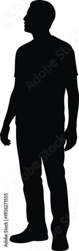 PrintFull body black silhouette of a standing man looking up and ahead isolated on a clean white background background