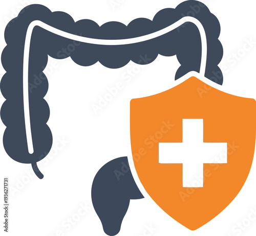 Colon health protection icon with medical shield and intestine illustration for digestive wellness