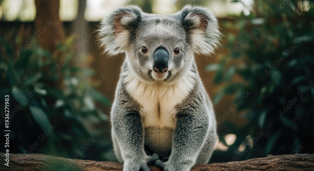 Fototapeta premium Adorable koala bear sitting on a tree trunk in a lush forest environment