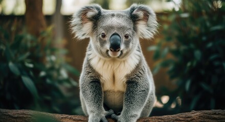 Adorable koala bear sitting on a tree trunk in a lush forest environment