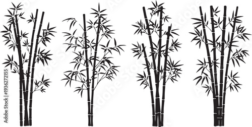 Black silhouette collection of five bamboo plant designs on a white background, minimal outline