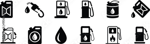 PrintSet of black gas station and fuel icons, oil drop symbols, petrol pump signs, and jerrycan silhouettes for energy,