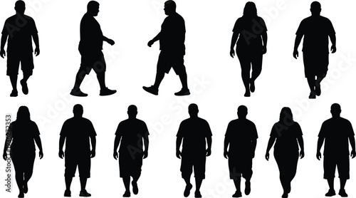 Walking silhouettes collection, diverse human figures, different postures, motion gestures, abstract vector illustration, black design elements, gait analysis art, biometric study