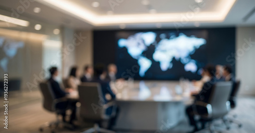 Fully blurred corporate room with global map screen silhouette.