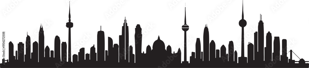 Obraz premium Black silhouette collection of five city skyline variations on a white background, minimal outline