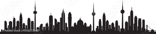 Black silhouette collection of five city skyline variations on a white background, minimal outline
