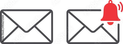 Email notification icon set with envelope and alert bell for digital communication and messaging apps