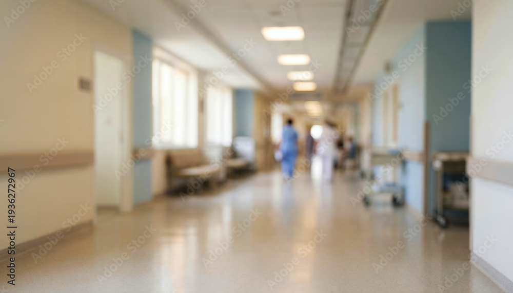 Obraz premium Fully blurred hospital corridor interior with soft bright lighting.