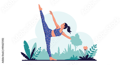 Young woman performing a high leg split yoga pose in a tranquil garden setting with various plants and soft blue sky background.
