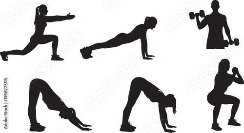 Black silhouette collection of five fitness workout poses on a white background, minimal outline