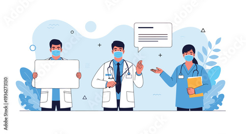 Team of medical professionals wearing masks and stethoscopes with one doctor holding a blank board and another a clipboard for information.