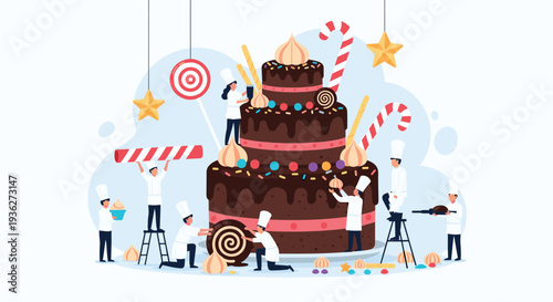 Group of tiny chefs working together to decorate a giant three tier chocolate cake with candies stars and candy canes in a bakery.