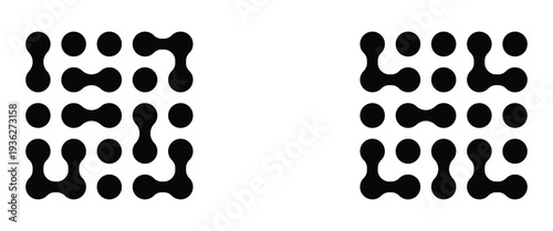 Set of connected black dots. Transition meta balls. Integration symbol. Square spotted graphic design elements, connected liquid molecule figures flat vector illustration set. Modern meta ball icons.