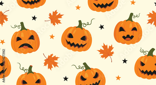 Halloween themed seamless pattern featuring carved pumpkins with various expressions maple leaves and black stars on a cream background.