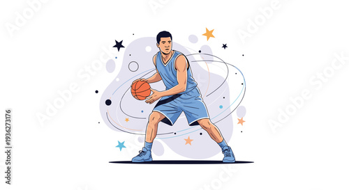 Dynamic basketball player dribbling the ball surrounded by abstract cosmic shapes and stars to illustrate high energy and sports skill.