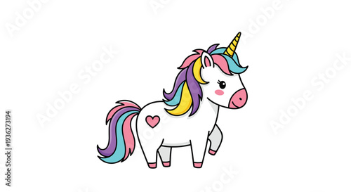 Adorable white unicorn with a rainbow mane and tail standing proudly against a white background for children fairy tale designs.