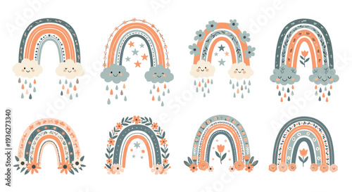 Collection of cute hand drawn rainbows with clouds rain stars and floral decorations in soft pastel colors for children designs.