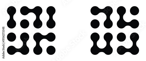 Set of connected black dots. Transition meta balls. Integration symbol. Square spotted graphic design elements, connected liquid molecule figures flat vector illustration set. Modern meta ball icons.