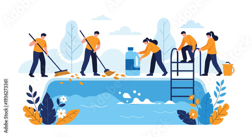 Group of people working together to clean and maintain a swimming pool by skimming leaves and adding chemicals in a sunny day.