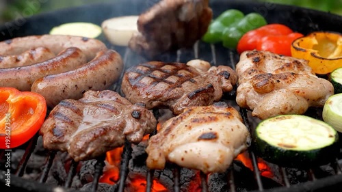 Delicious assortment of meats and fresh vegetables grilling on a hot barbecue