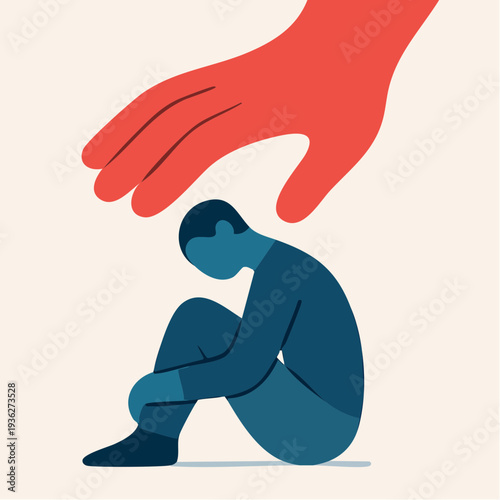 quiet blue figure held by a descending red hand offering protection, compassion, and emotional shelter