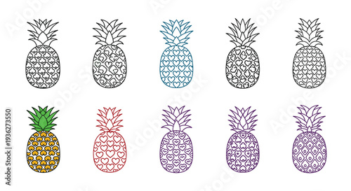 Set of colorful pineapple outlines with heart patterns inside each fruit fruit arranged in rows on a white background for summer themes.