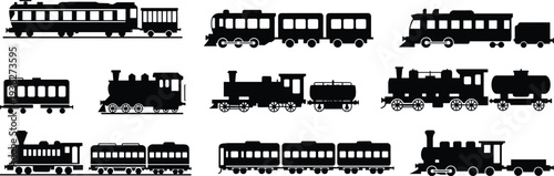 PrintSet of black train silhouettes featuring vintage steam locomotives, modern passenger cars, and freight rail icons for transport design,