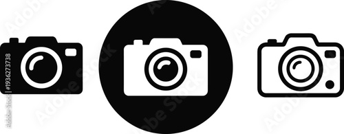 PrintSet of camera icons featuring solid black silhouette, circular negative space, and minimalist outline symbols for photography app design,
